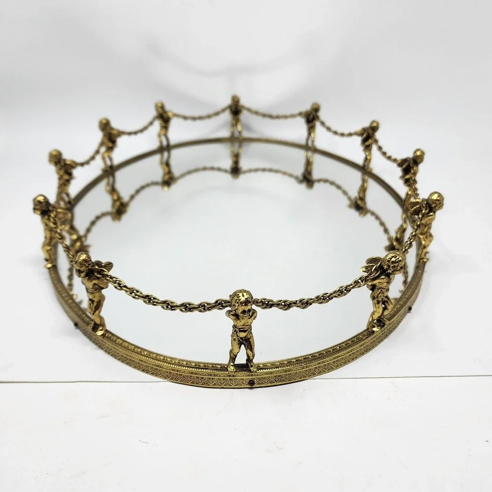 Vtg Globe 24K Gold Plated 12-Cherub Mirrored Vanity Tray Oval Ornate Putti Chain